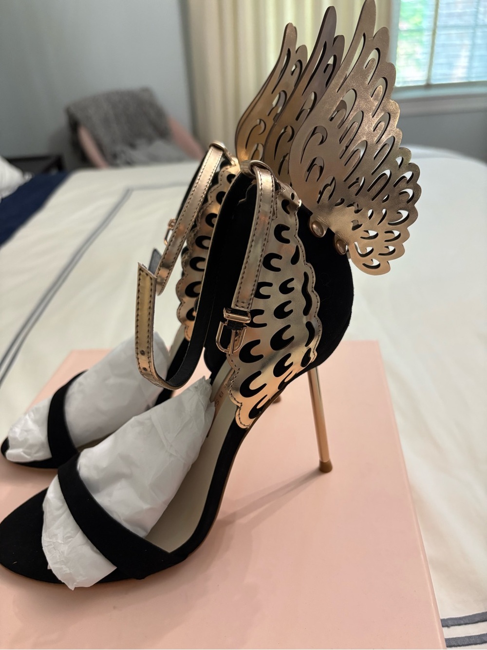 Sophia Webster Black and Gold Winged High Heel Sandals size 38 NWT